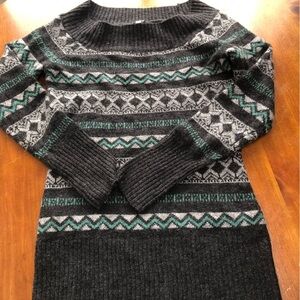 Ladies Kismet  Black, green and Gray off shoulder, fair isle sweater medium